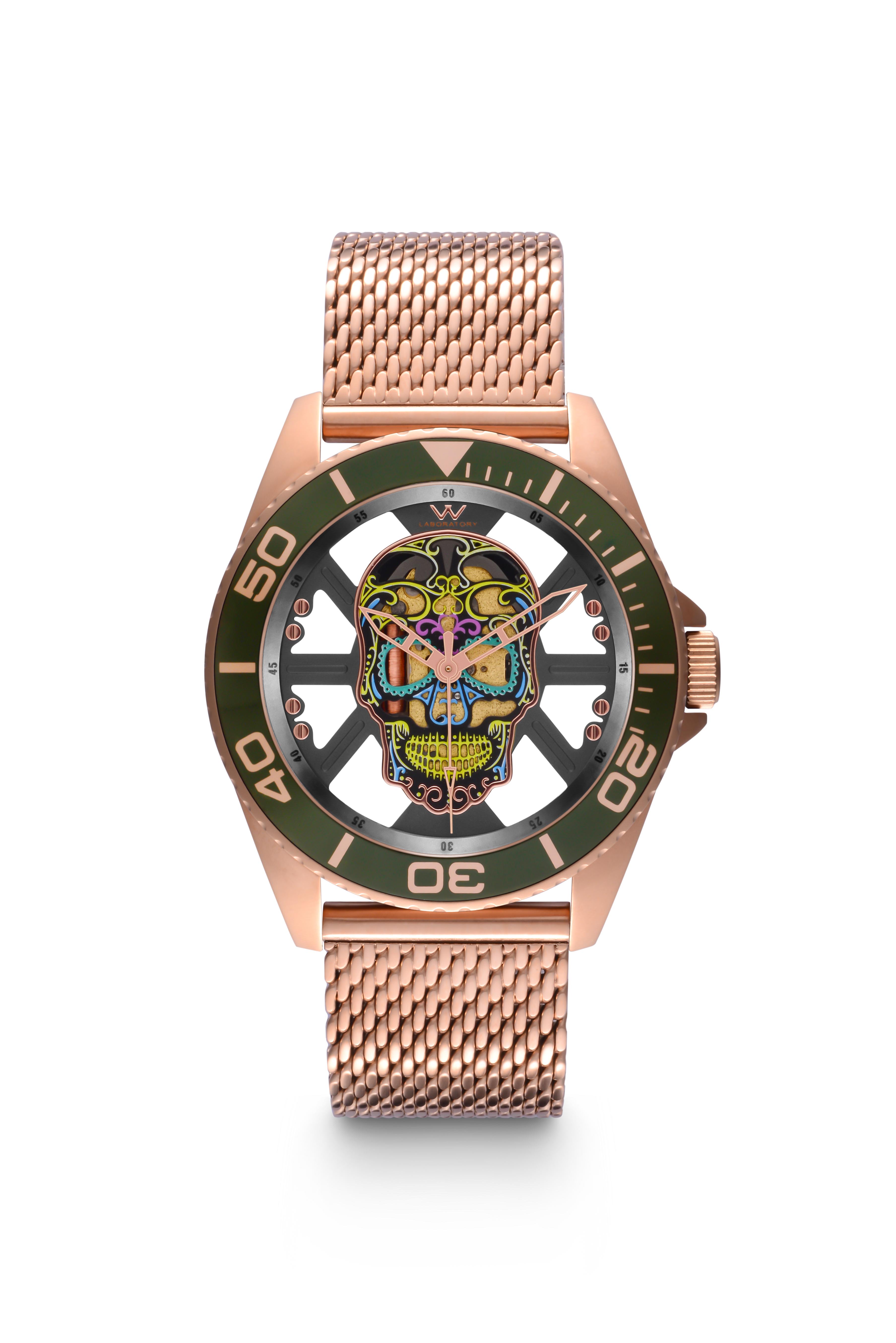 Hallow SKULL face watch - Rose Gold  / Green